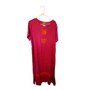 Blue Cactus Pink 100% Linen Shift Dress XL Patch Art To Wear Made in USA